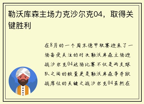 勒沃库森主场力克沙尔克04，取得关键胜利